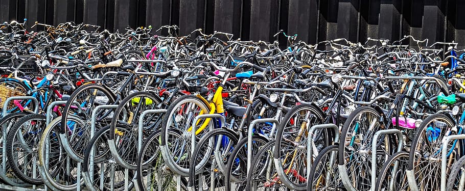 assorted-color bicycle, parked, road, bike, bicycle, cycle, parking, many, transport, station