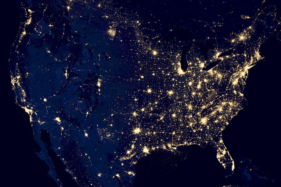 white, crystal, usa, city lights, space, night, satellite, map, sky, earth