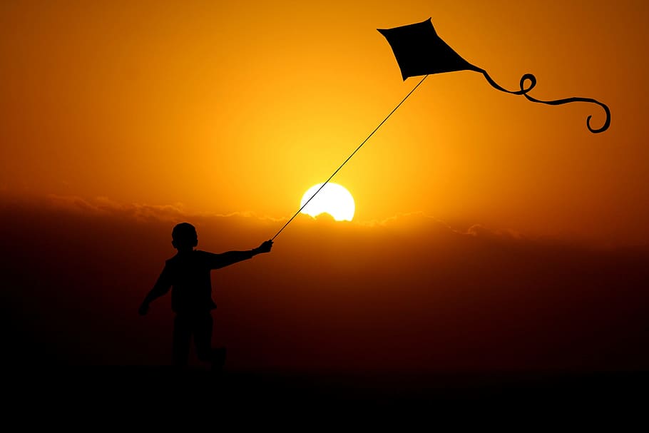 silhouette, child, playing, kite, boy, dragon, dragon flight, wind, dragon fly, fun