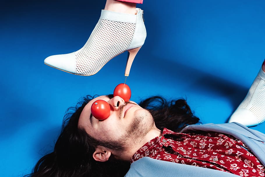 shoes, tomatoes, man, woman, vegetables, tomato fruit, blue, high heels, shirt, boots