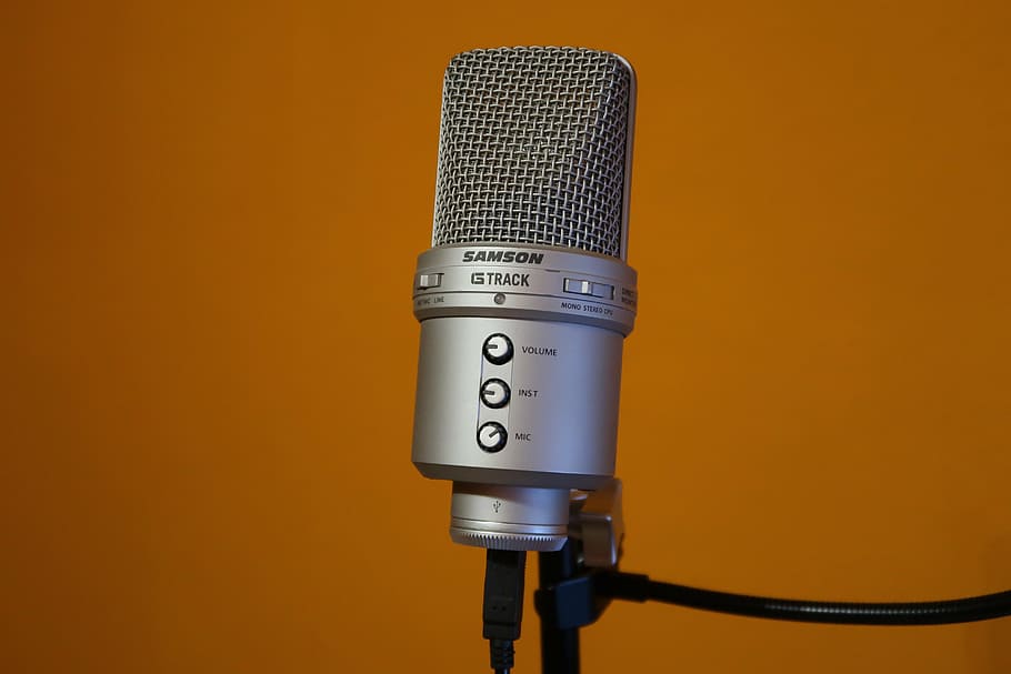 gray, samson, cs, track, condenser, microphone, subject, orange wall, silver, audio