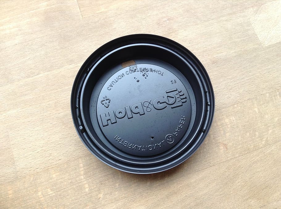 black, disposable, plastic lid, steel, container, brown, wooden, surface, coffee, lid