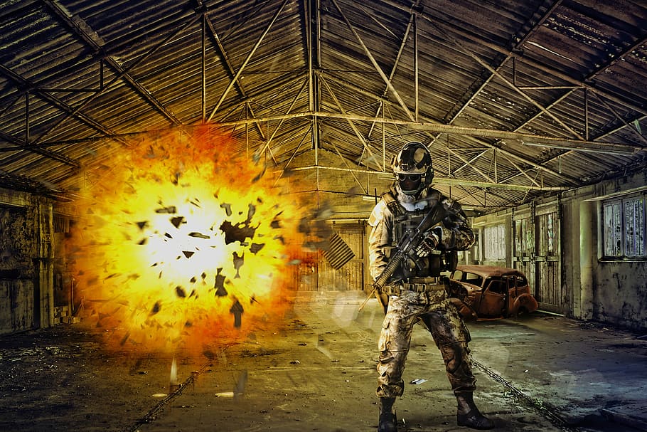 game screengrab, abandoned place, destruction, soldier, explosion, car wreck, lost places, warehouse, break up, decay