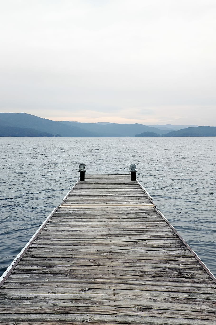 brown, wooden, dock, daytime, blue, docks, gray, lakes, mountains, piers