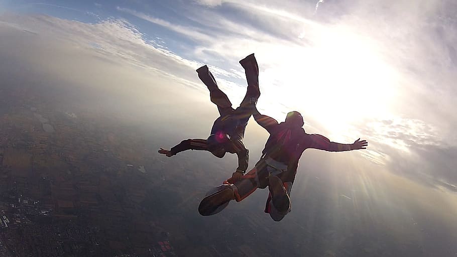 two, person sky, diving, daytime, skydive, skydiving, parachute, sky, mid-air, two people