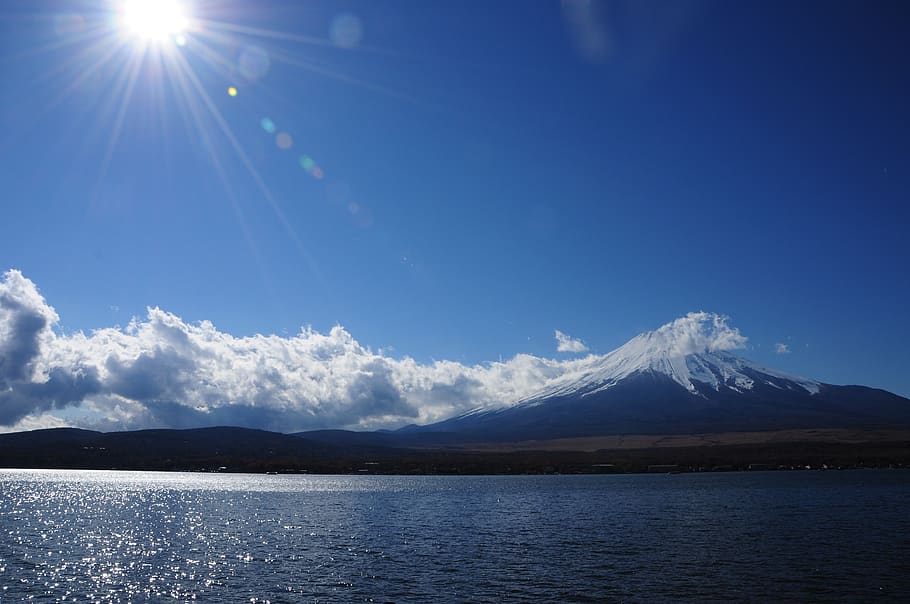 mt fuji, sun, cloud, lake, mountain, sky, scenics - nature, beauty in nature, water, tranquil scene