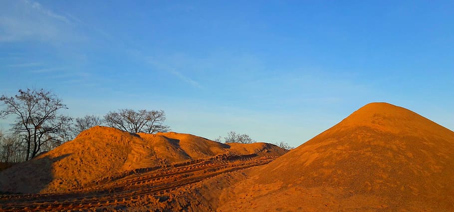 Dunes, Sand, Away, Traces, Road, tire tracks, blue sky, trees, desert, hamelin