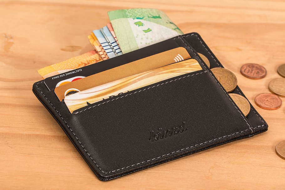 black, leather card holder, brown, surface, wallet, credit card, cash, investment, money, financial
