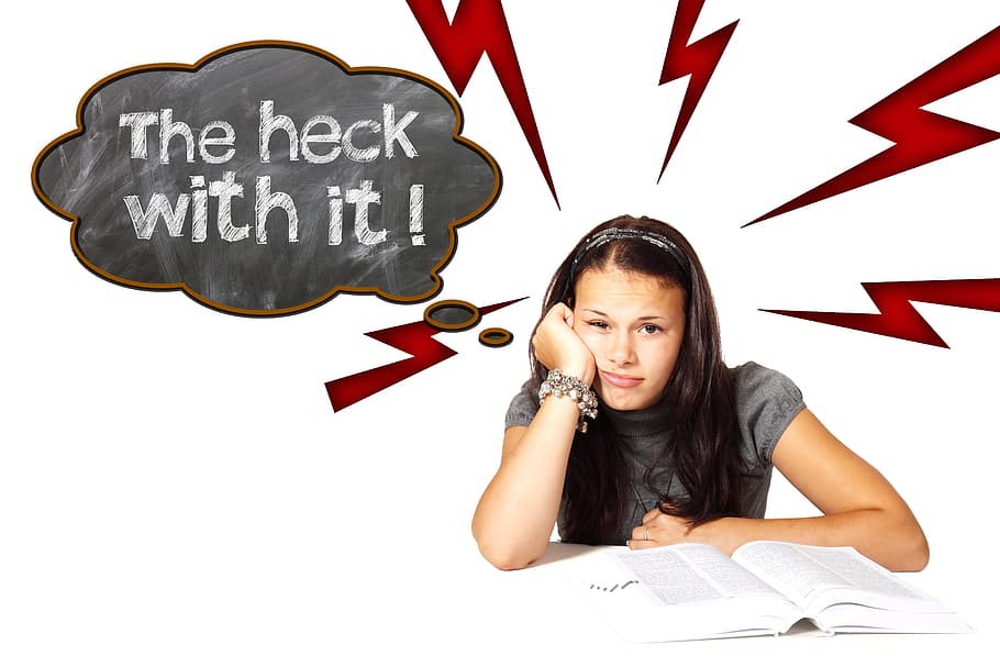 woman, studying, heck, text overlay illustration, learn, school, student, board, thought bubble, think