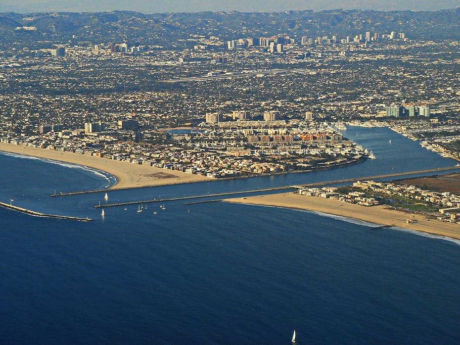 aéreo, foto, cidade, Los Angeles, tiro aéreo, vista aérea, Marina del Rey, Califórnia, arquitetura, Linha do horizonte