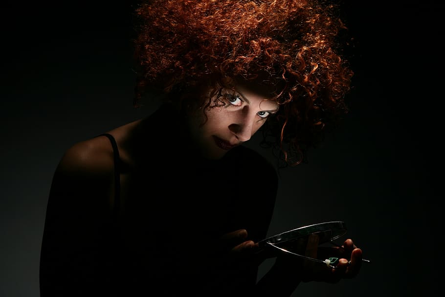 woman, black, spaghetti-strap, top, hair, crazy, psycho, curly, psychopath, reddish