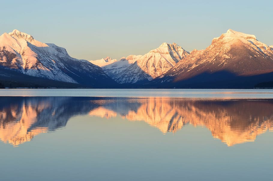 snow-covered, mountain, lake mcdonald, reflection, landscape, panorama, scenic, park, range, peaceful