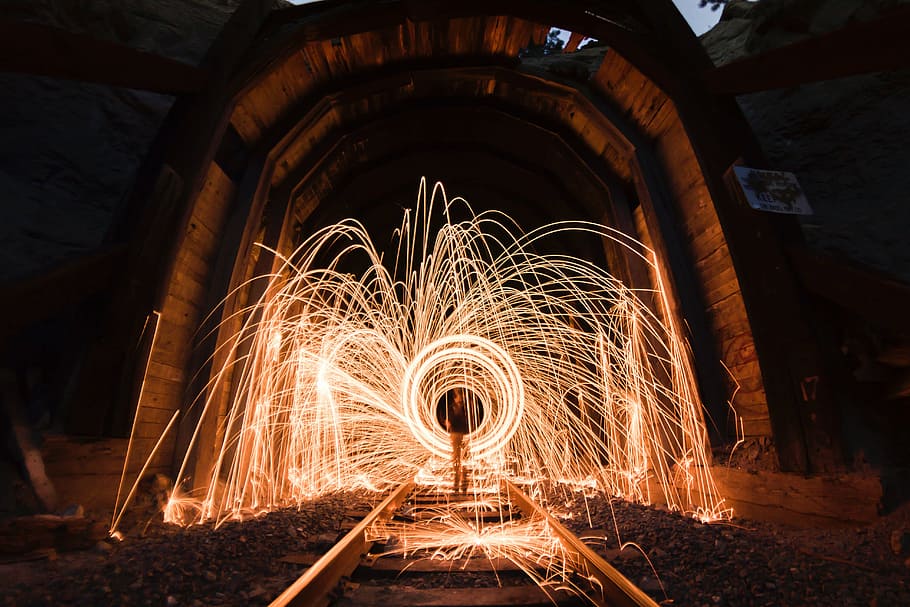 steel wool photography, railways, tunnel, still, fireworks, light, show, flames, slow, shutter