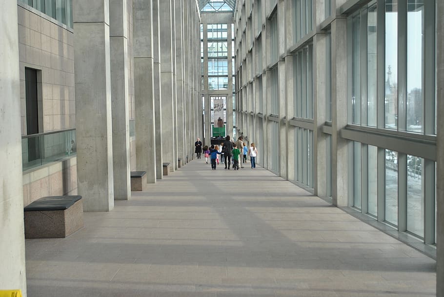 people, walking, hallway, corridor, massive, interior, hall, tall, modern, walls