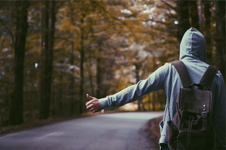 person, standing, wearing, backpack, trees, hitchhiker, thumb, hoodie, knapsack, guy