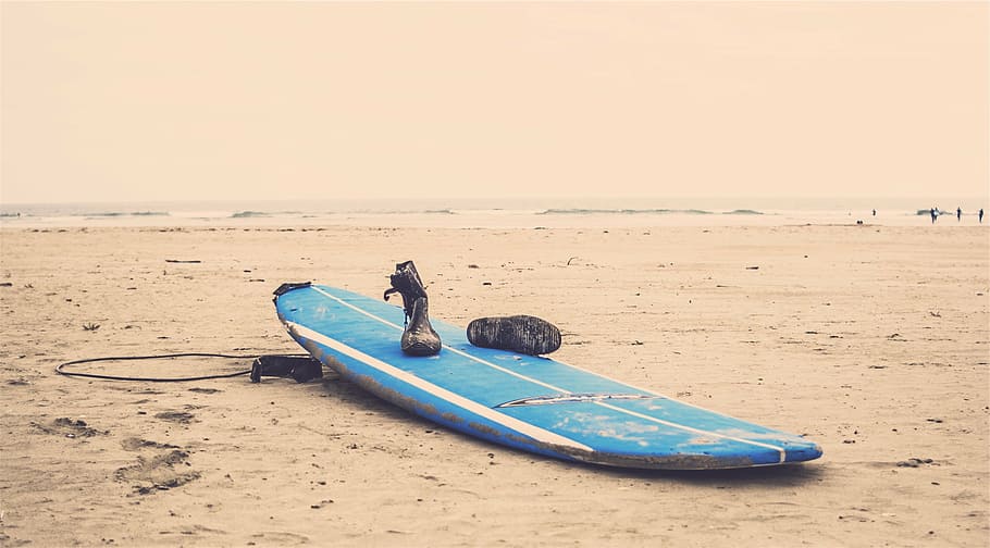 azul, tabla de surf, marrón, arena, blanco, playa, arenas, océano, mar, verano