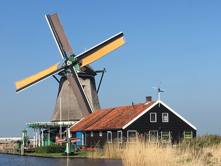 風車, オランダ, 伝統, 旅行, ミル, 水, 夏, ランドマーク, ヨーロッパ, 草