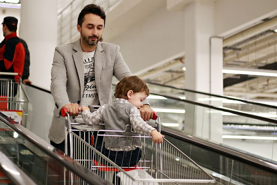 escalator, supermarket, shop, purchase, shopping e cart, the cart, basket for products, family, products, shopping center