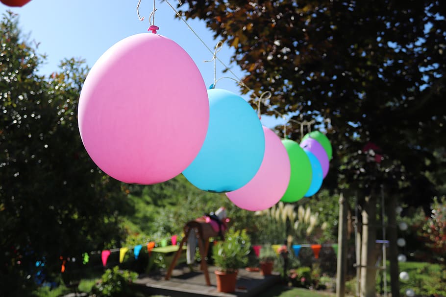 Balon, pesta, ulang tahun anak-anak, kesenangan, langit, biru, musim panas, taman, pesta taman, pohon