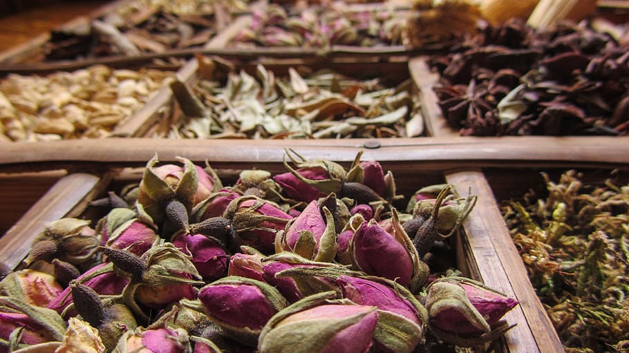 purple flower buds, marrakech, morocco, perfume, spice, fragrance, oriental, roses, dried, food