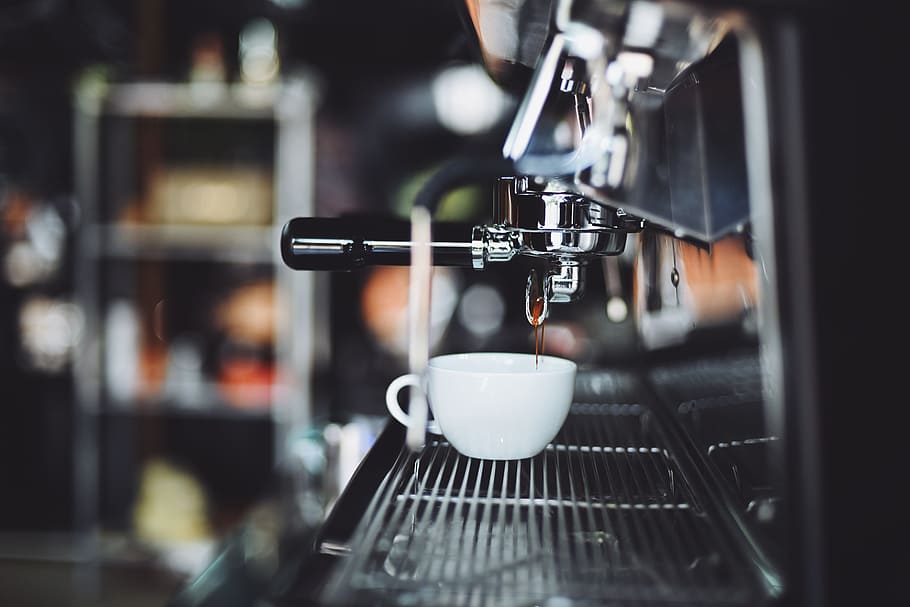 macro photography, cup, espresso machine, coffee, cafe, wood, hot, mug, white, coffeemaker