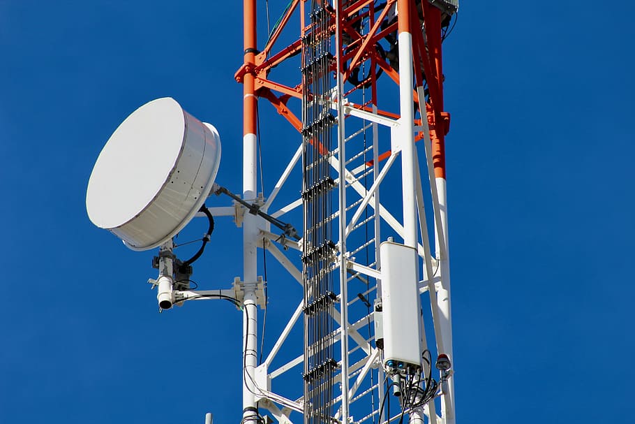 white, red, cellular, tower, aerial, communication, connection, telecommunication, telecom, antenna