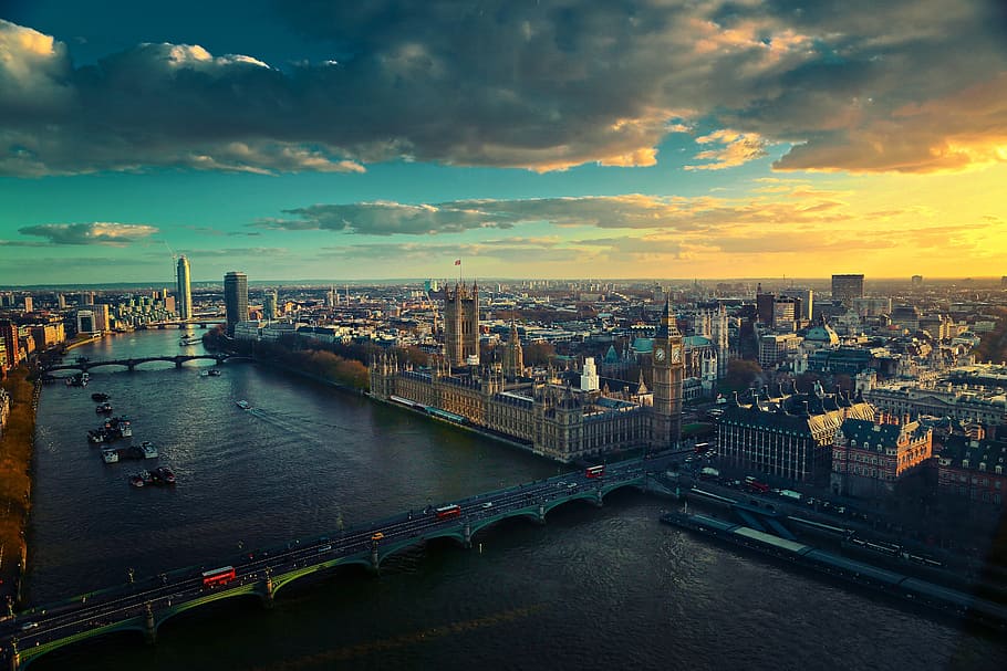 aerial, photography, big, ben, surrounded, buildings, taken, white, clouds, daytime