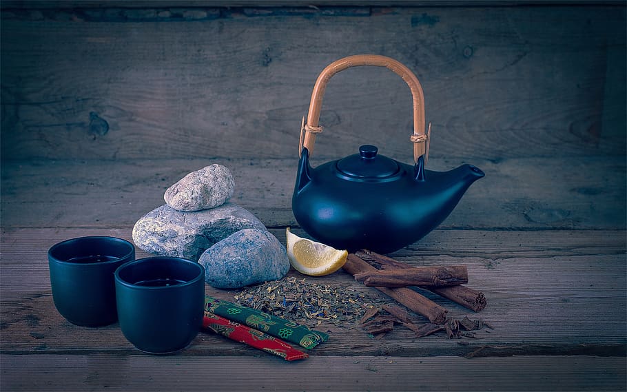 still life, teapot, cinnamon sticks, t, stones, container, wood - material, indoors, household equipment, table