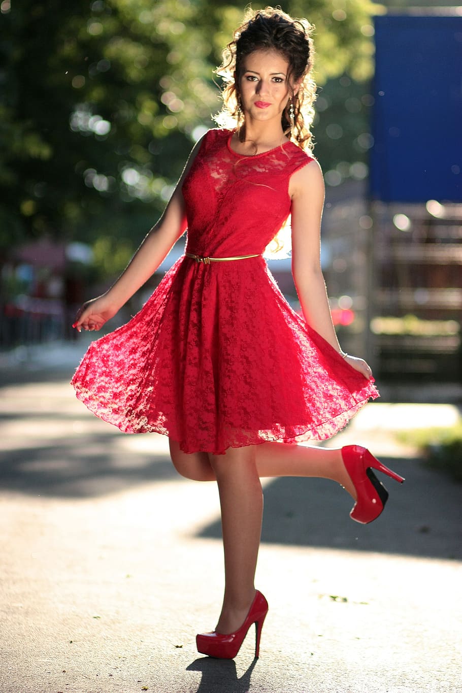 woman, wearing, red, lace, crew-neck, sleeveless, mini, dress, girl, long hair