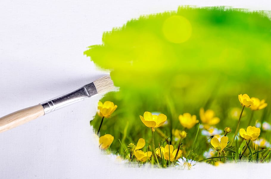 bed, yellow, petaled flowers painting, paint brush, paintbrush, outdoor, flower, flowers, sunlight, wallpaper
