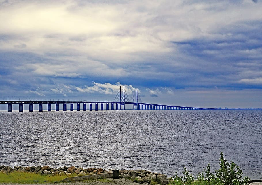 fotografía de paisaje, largo, puente, puente de Oresund, Suecia, Dinamarca, el cruce del mar, estrecho, Kattegat, mar Báltico