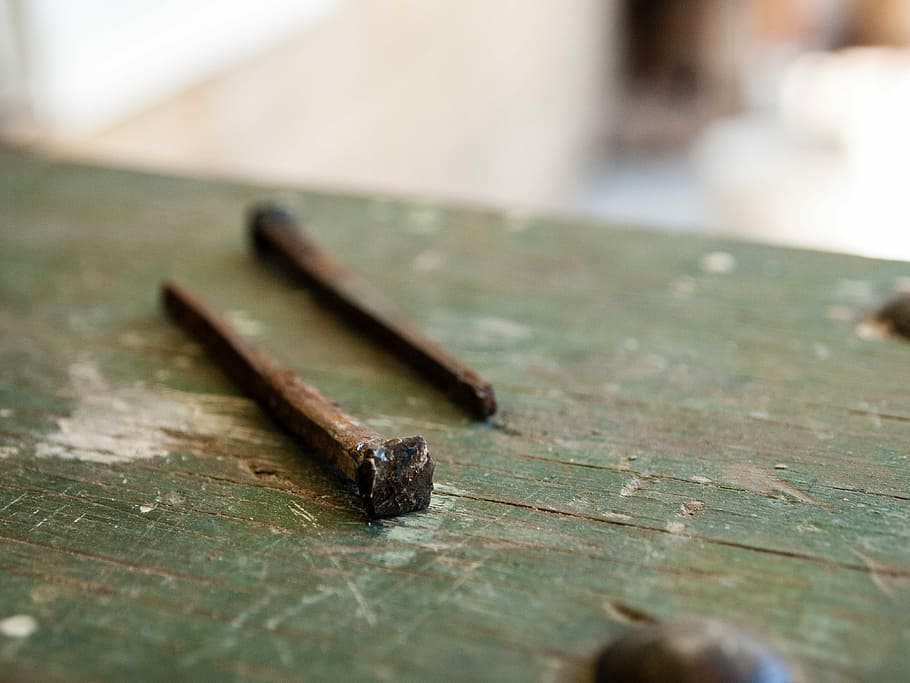 macro photography, two, Nails, Handmade, Vintage, Old, Antique, iron, rusty, shape