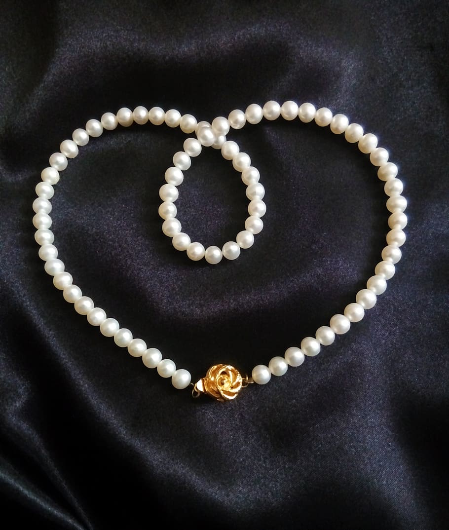 blanco, collar de perlas, negro, textil, perla, joyería, joya, adorno, collar, seda