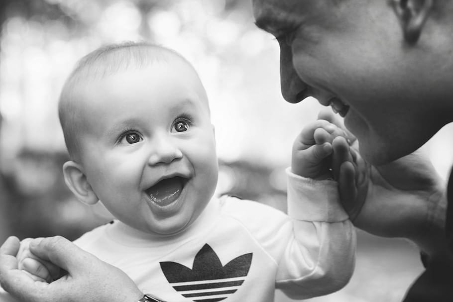 grayscale photo, baby, wearing, adidas shirt, kids, happiness, family, small child, kid, holding hands