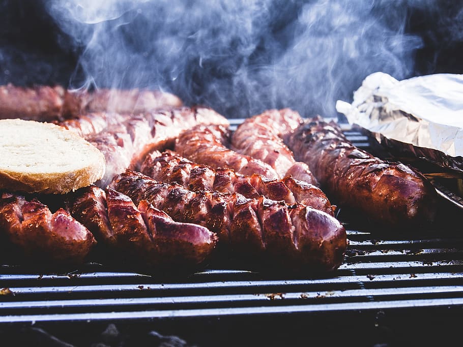 grilled, sausages, gray, steel grill, barbecue, barbeque, bbq, cookout, grilling, meat