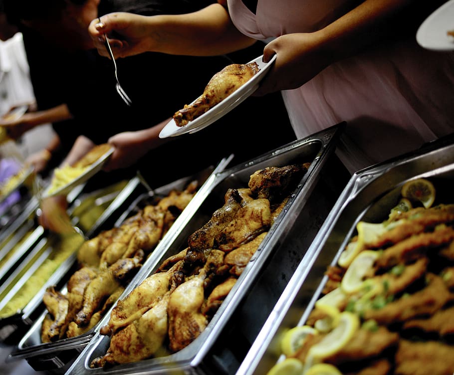 buffet, chicken thighs, poultry, warm buffet, chafing dish, eat, celebration, gastronomy, food, tasty
