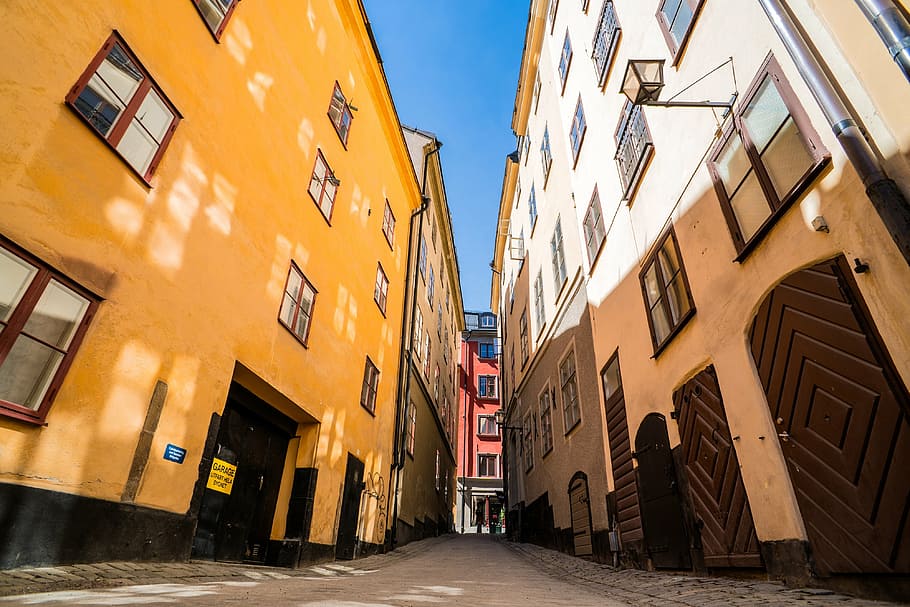commercial, buildings, blue, sky, stockholm, sweden, old city, alley, europe, tourism