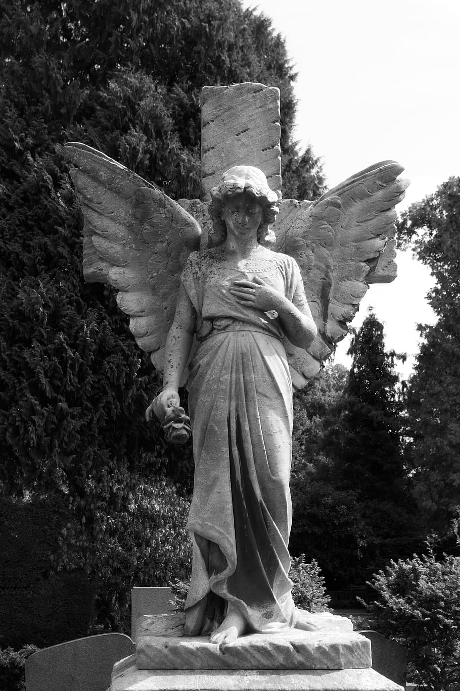 angel, death, grave, wing, sculpture, statue, cemetery, mourning, figure, dark