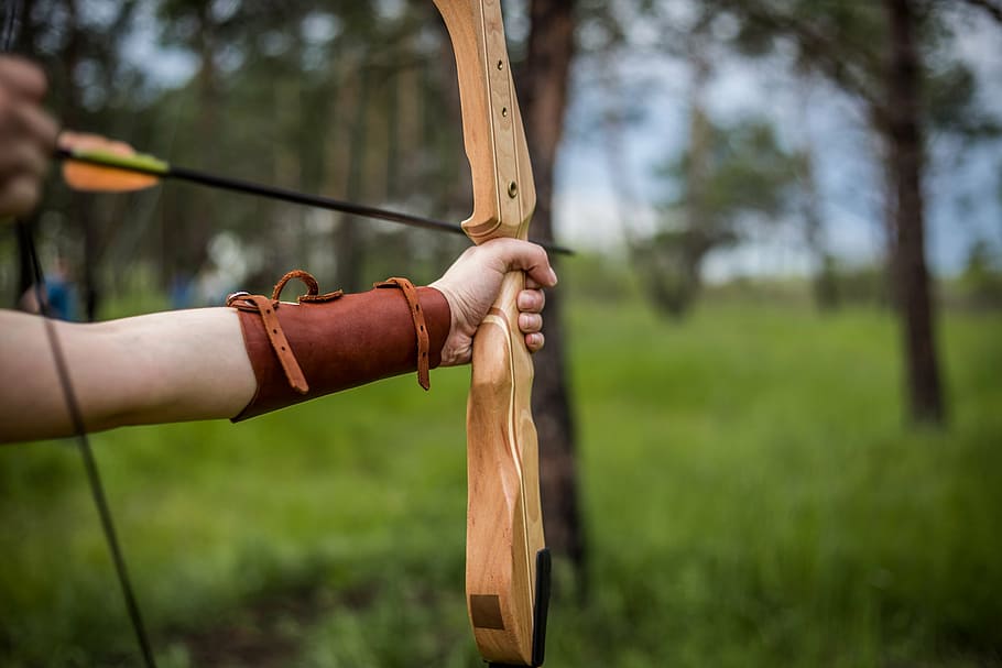 selective, focus photo, person, holding, brown, bow, arrow, hand, shooting, forest