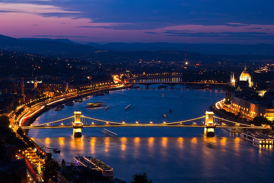 budapest, puente de las cadenas, danubio, en la noche, panorama, ciudad, hungría, puente, paisaje urbano, estructura construida