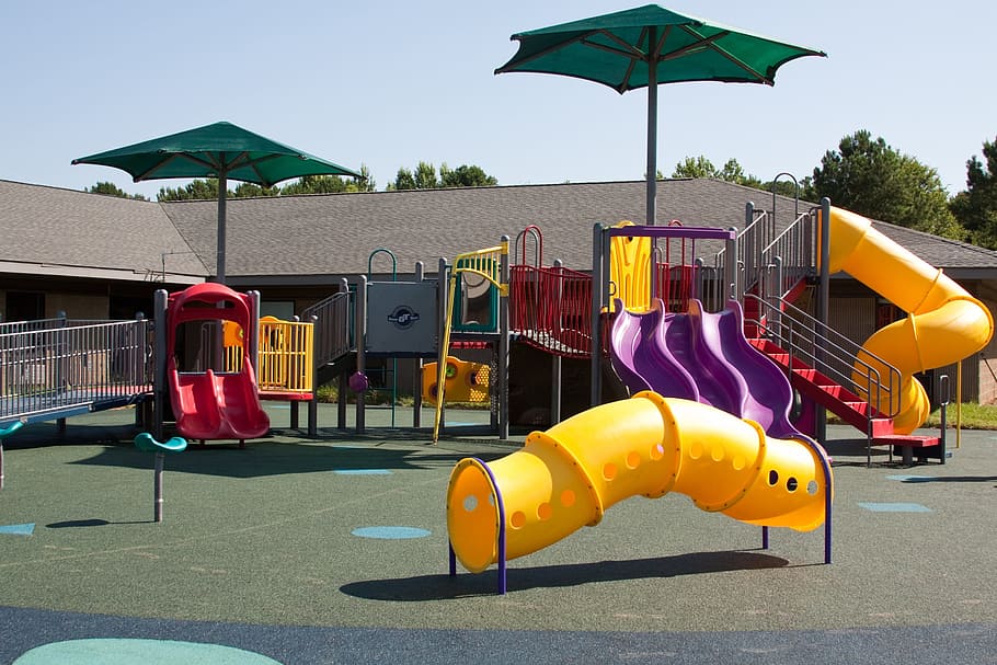 multicolored metal playhouse, playground, swing, slide, school, fun, activity, recreation, amusement, outdoor