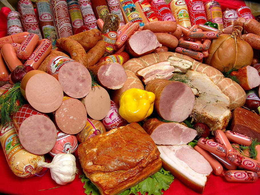 closeup, variety, meat products, food, sausage, advertising, russia, bright, delicious, novosibirsk