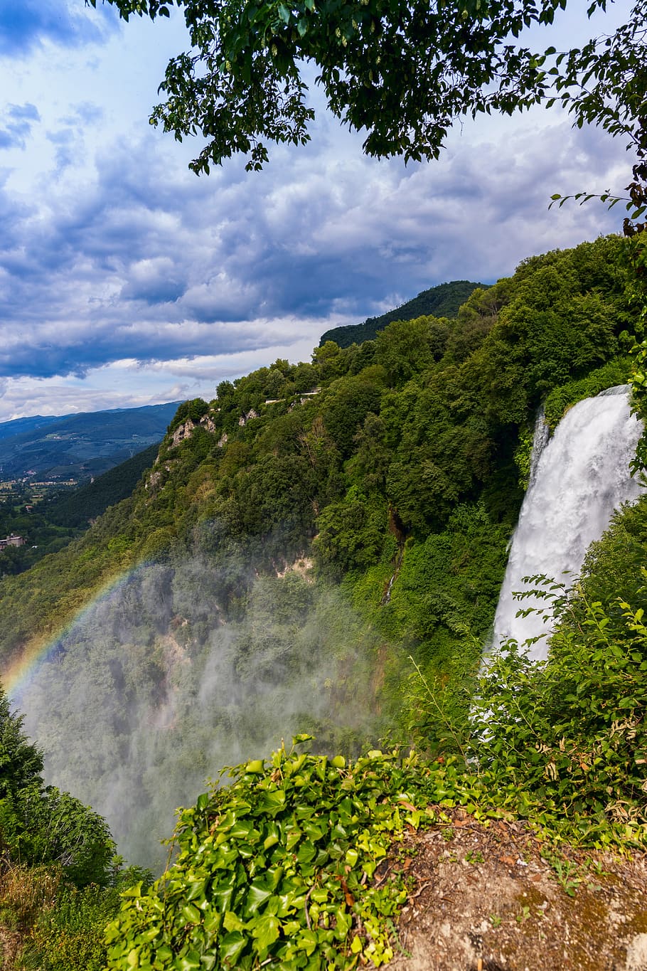 umbria, waterfall, italy, landscape, nature, trees, water, clouds, beauty in nature, plant