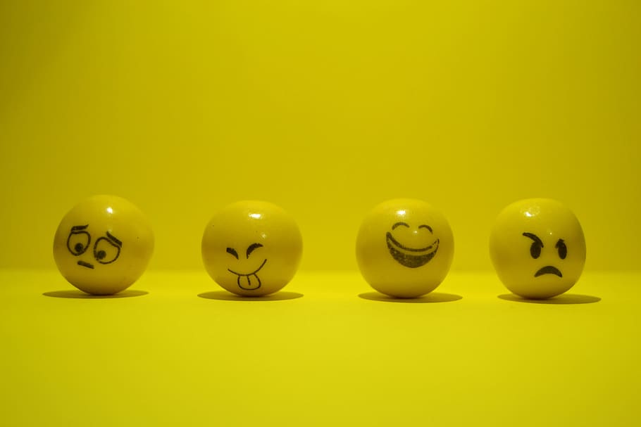 four, yellow, emoji-themed decors, emotions, sensation, happiness, go to, sadness, faces, face