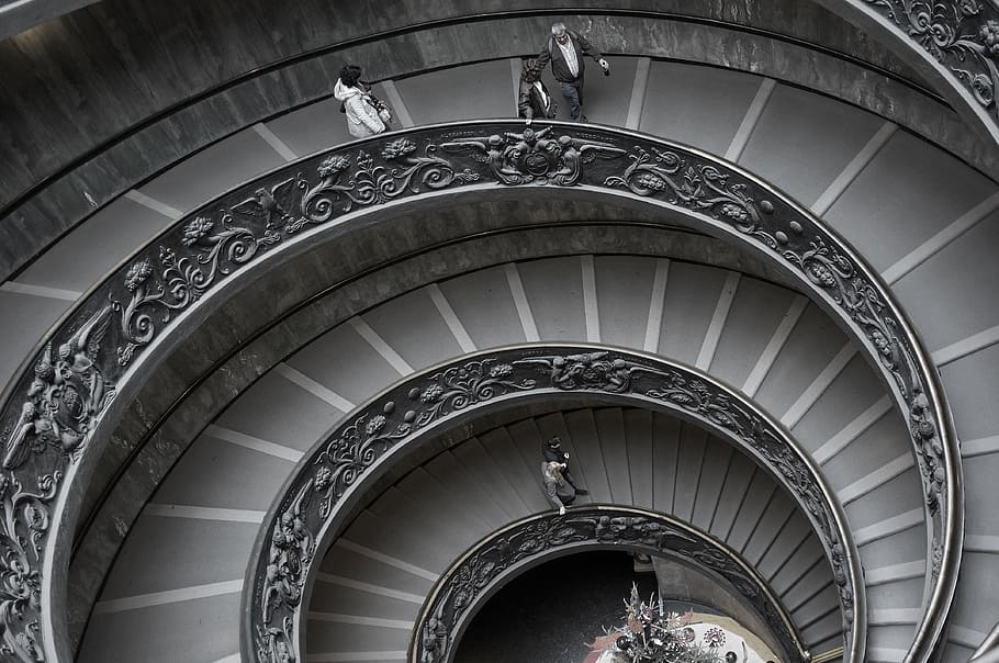 grayscale photography, people, using, staircase, spiral, stairway, round, architecture, interior, modern