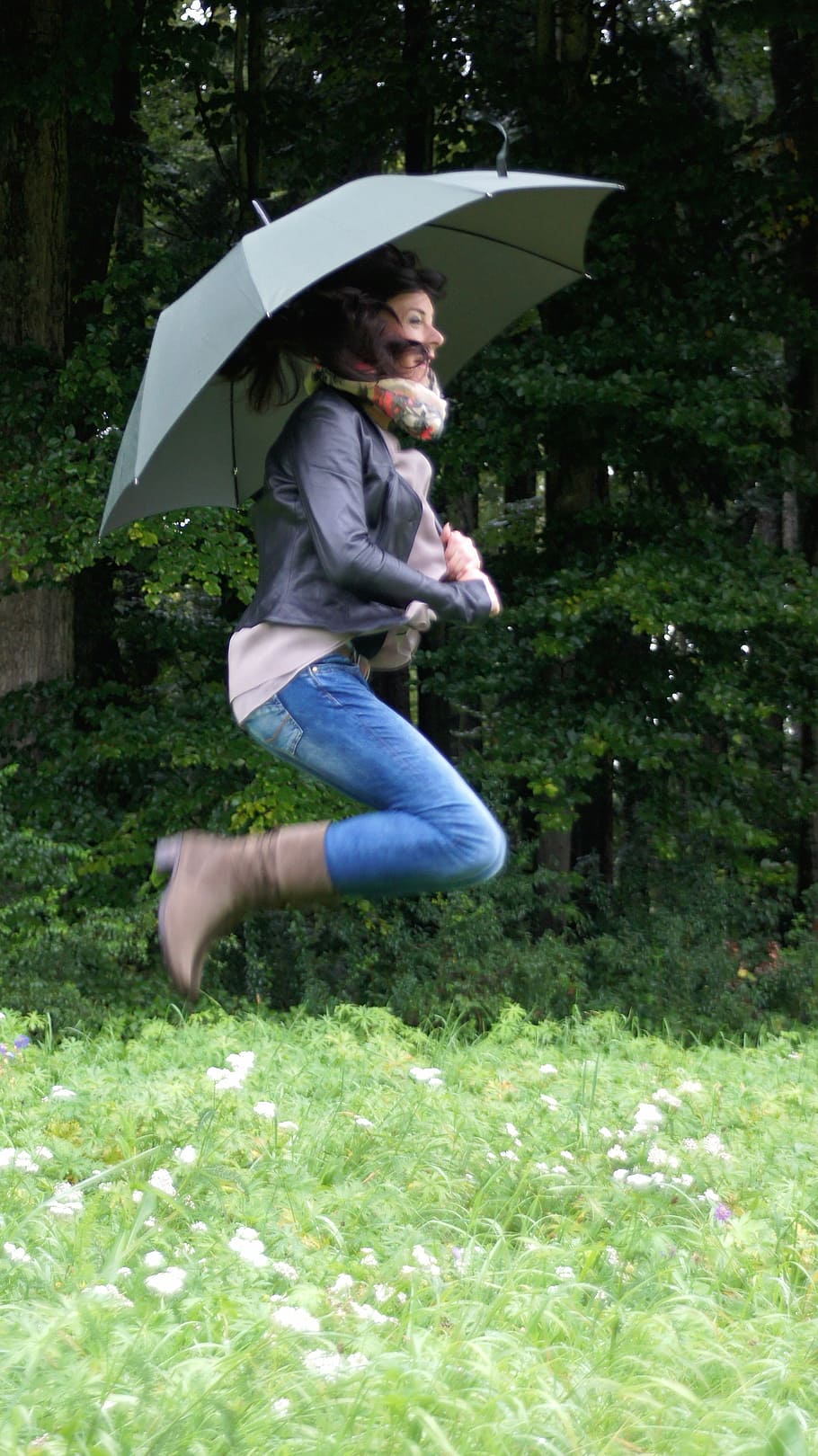woman, holding, umbrella, jumping, daytime, autumn mood, rainy day, rain, forest, wet