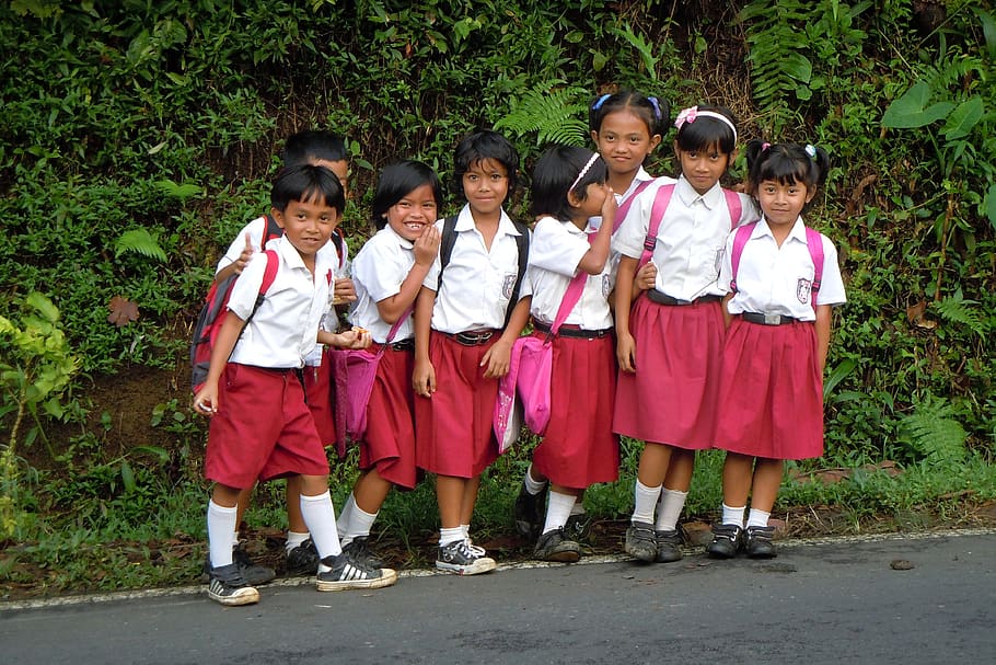 bali, indonesia, niños, escuela, alegre, uniforme, niño, niñas, infancia, grupo de personas