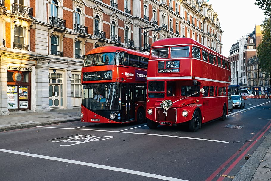 landscape photography, two, double, decker bus, road, red bus, brown building, london, bus, double decker