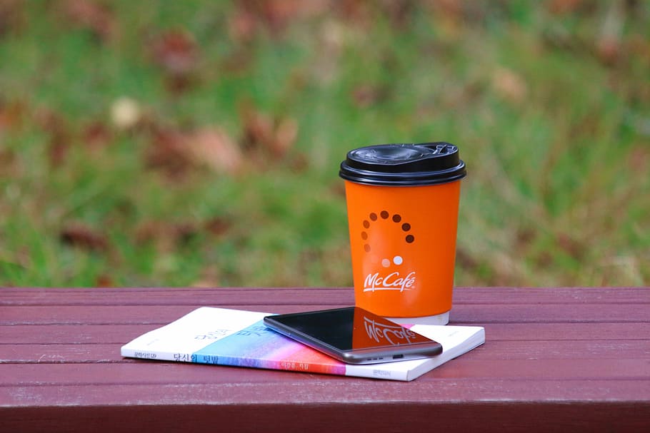red, mc cafe cup, black, android smartphone, autumn, bench, break, tabitha, a wooden bench, book