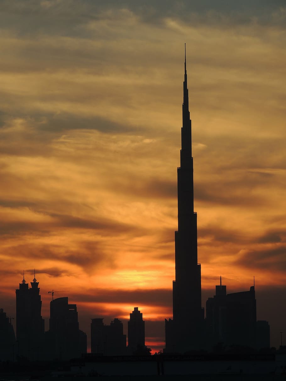 Silueta, Burj Khalifa, Dubai, en la parte superior, llegar, urbano, rascacielos, edificio, Burj, Khalifa